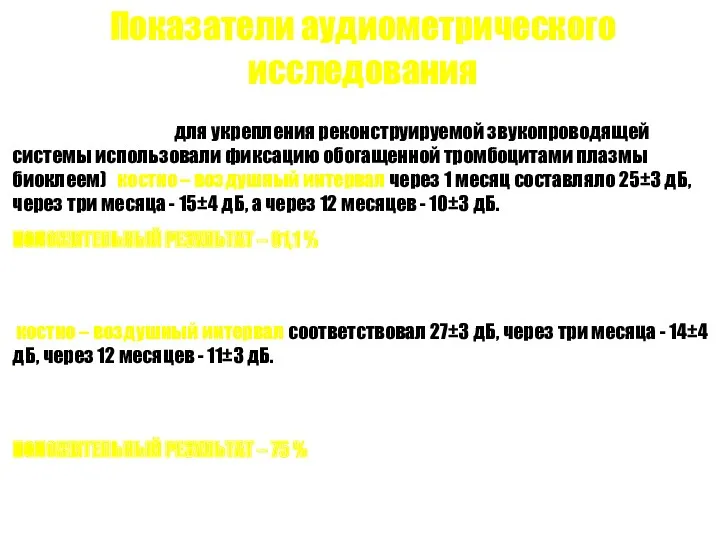 Показатели аудиометрического исследования Опытная группа – (для укрепления реконструируемой звукопроводящей