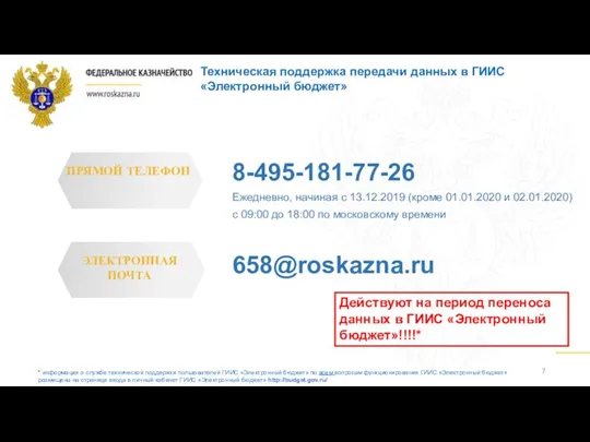 Техническая поддержка передачи данных в ГИИС «Электронный бюджет» 658@roskazna.ru 8-495-181-77-26