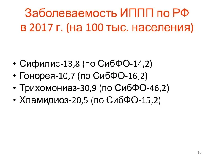 Заболеваемость ИППП по РФ в 2017 г. (на 100 тыс. населения) Сифилис-13,8 (по