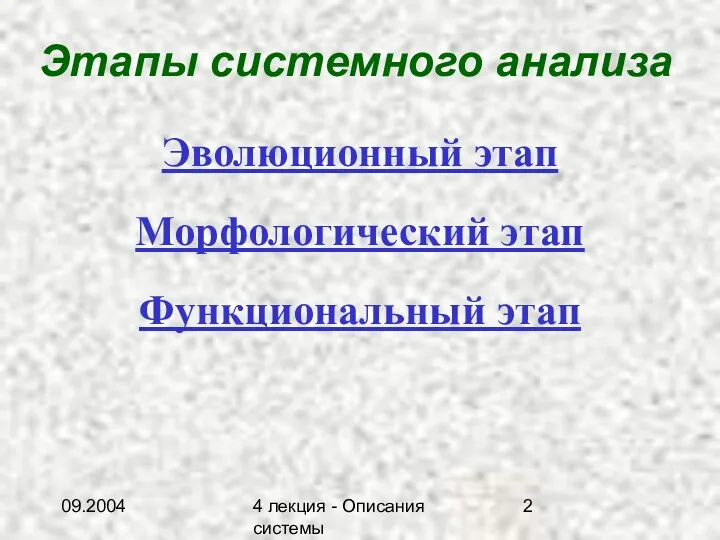 09.2004 4 лекция - Описания системы Этапы системного анализа Эволюционный этап Морфологический этап Функциональный этап