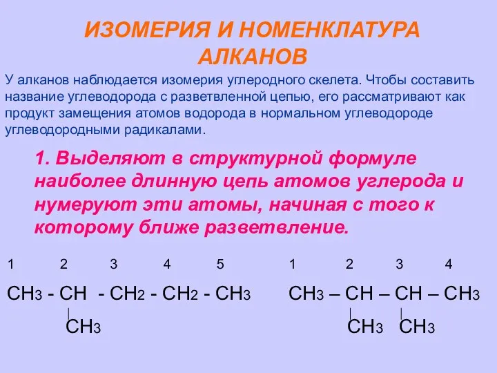 ИЗОМЕРИЯ И НОМЕНКЛАТУРА АЛКАНОВ У алканов наблюдается изомерия углеродного скелета.