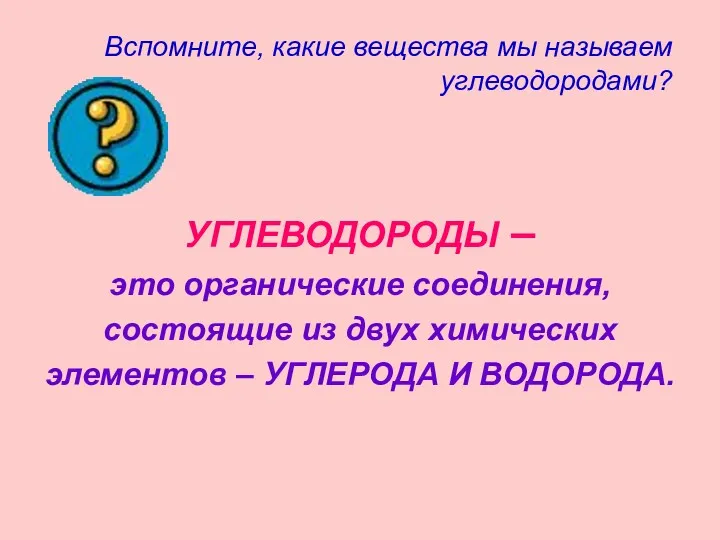 Вспомните, какие вещества мы называем углеводородами? УГЛЕВОДОРОДЫ – это органические