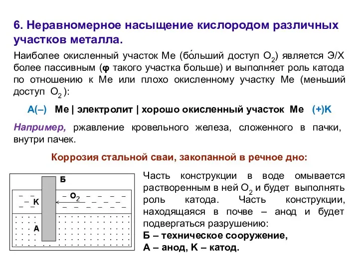 6. Неравномерное насыщение кислородом различных участков металла. Наиболее окисленный участок