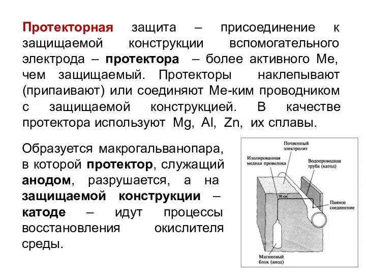 Протекторная защита – присоединение к защищаемой конструкции вспомогательного электрода –