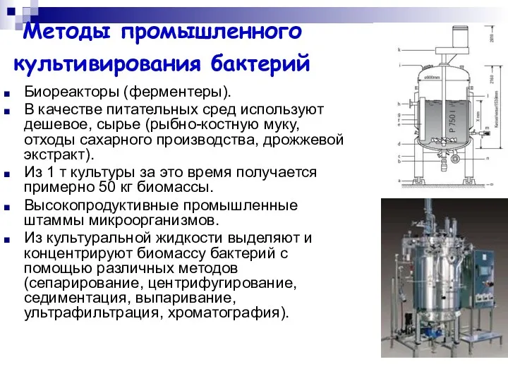 Методы промышленного культивирования бактерий Биореакторы (ферментеры). В качестве питательных сред