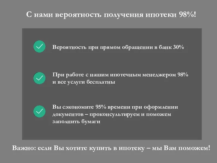 С нами вероятность получения ипотеки 98%! Важно: если Вы хотите купить в ипотеку