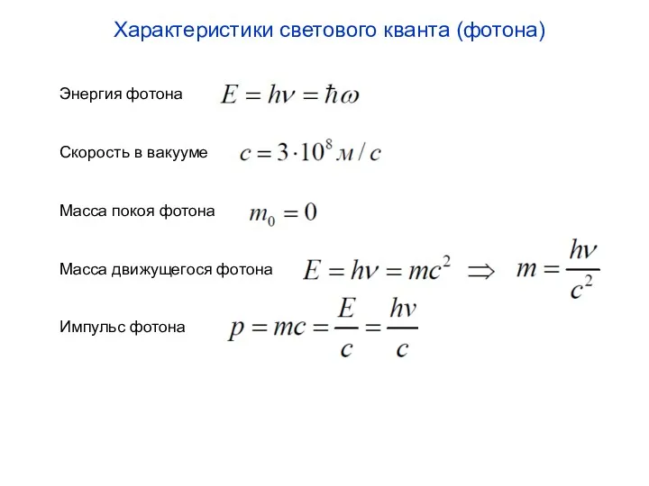 Характеристики светового кванта (фотона) Энергия фотона Скорость в вакууме Масса