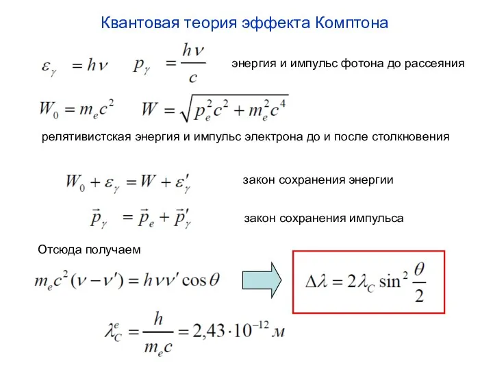 Квантовая теория эффекта Комптона энергия и импульс фотона до рассеяния