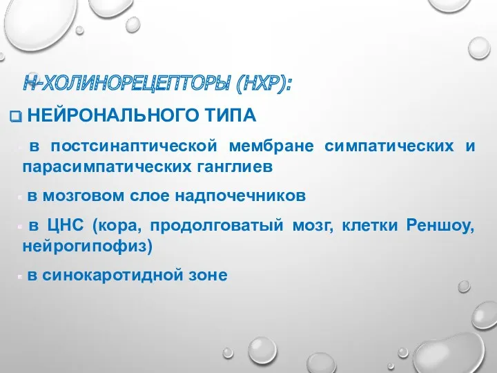 Н-ХОЛИНОРЕЦЕПТОРЫ (НХР): НЕЙРОНАЛЬНОГО ТИПА в постсинаптической мембране симпатических и парасимпатических