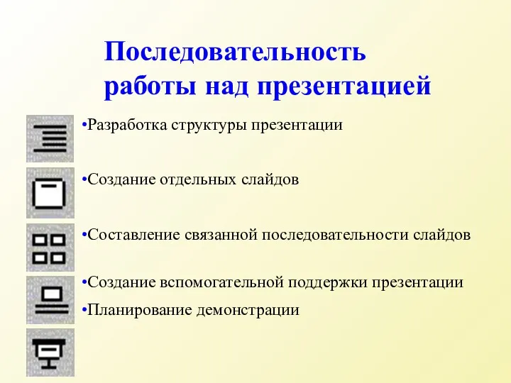 Разработка структуры презентации Создание отдельных слайдов Составление связанной последовательности слайдов