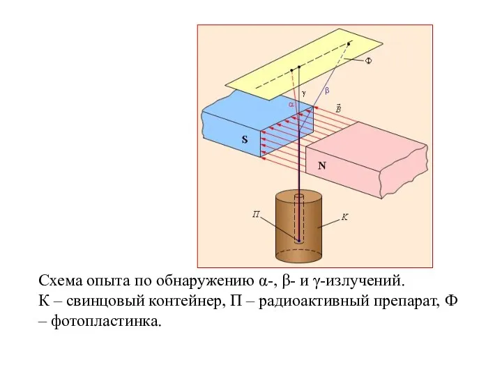 Схема опыта по обнаружению α-, β- и γ-излучений. К –