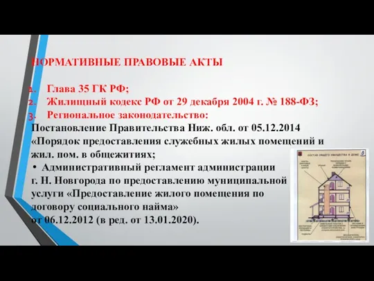 НОРМАТИВНЫЕ ПРАВОВЫЕ АКТЫ Глава 35 ГК РФ; Жилищный кодекс РФ