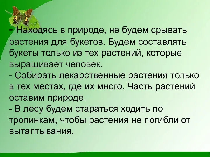 - Находясь в природе, не будем срывать растения для букетов.