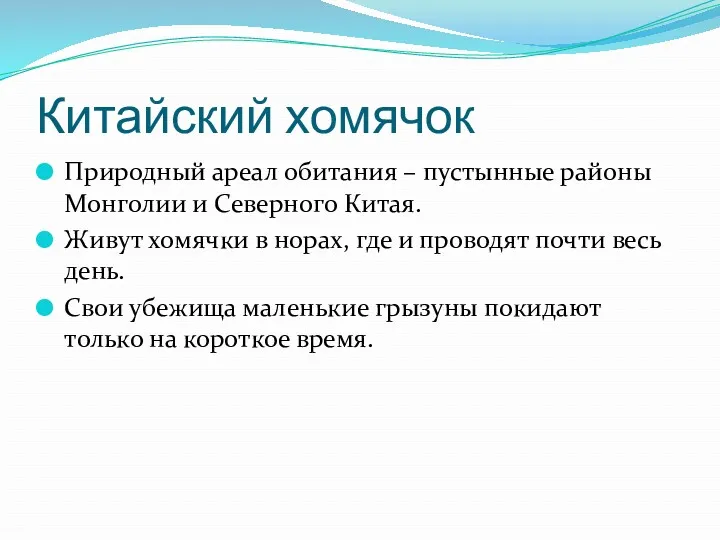 Китайский хомячок Природный ареал обитания – пустынные районы Монголии и