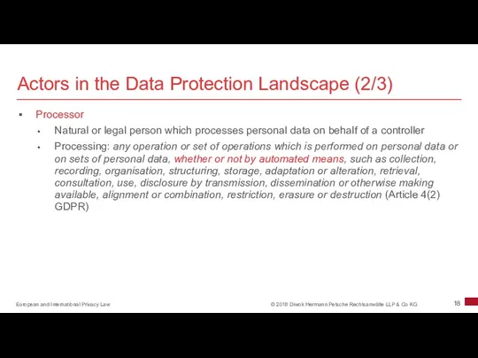 Actors in the Data Protection Landscape (2/3) Processor Natural or legal person which