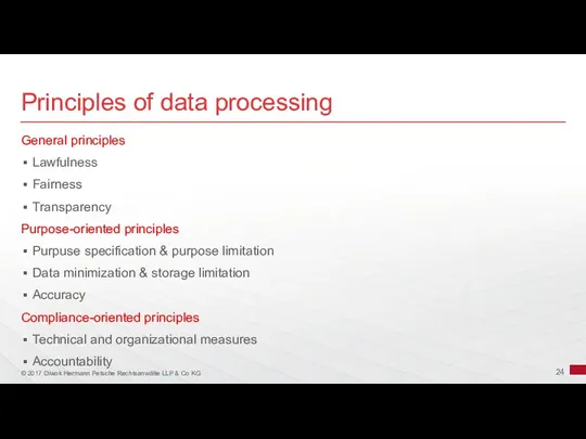 Principles of data processing General principles Lawfulness Fairness Transparency Purpose-oriented principles Purpuse specification