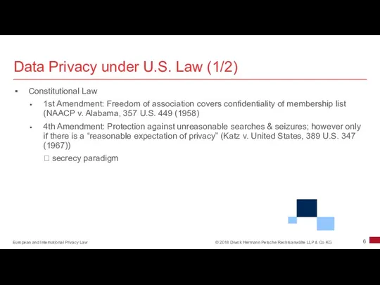 Data Privacy under U.S. Law (1/2) Constitutional Law 1st Amendment: Freedom of association