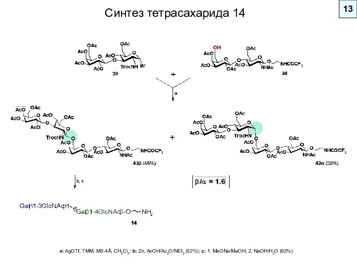 13 a: AgOTf, TMM, MS-4Å, CH2Cl2; b: Zn, AcOH/Ac2O/NEt3 (52%);