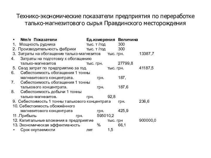 Технико-экономические показатели предприятия по переработке талько-магнезитового сырья Правдинского месторождения №п/п