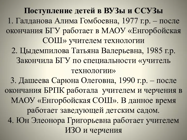 Поступление детей в ВУЗы и ССУЗы 1. Галданова Алима Гомбоевна,