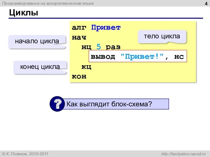 Циклы алг Привет нач нц 5 раз вывод "Привет!", нс