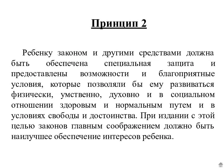 Принцип 2 Ребенку законом и другими средствами должна быть обеспечена