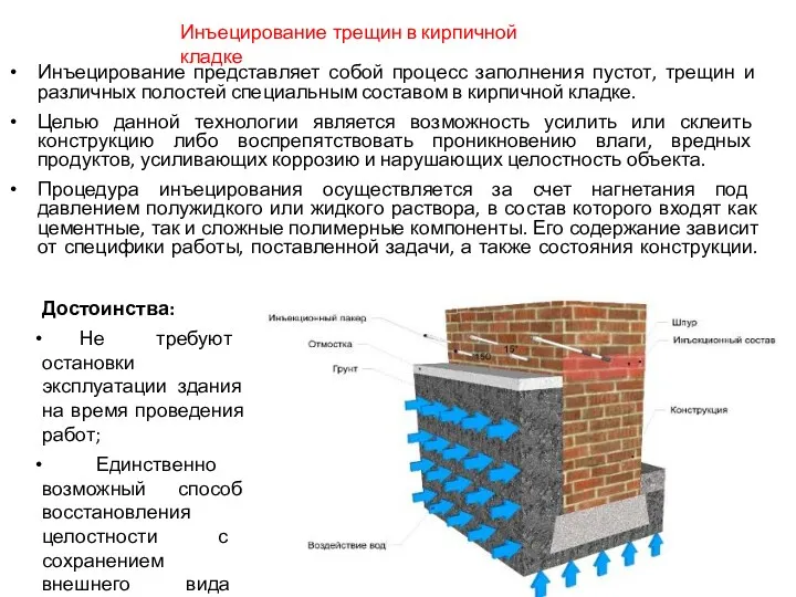 Инъецирование представляет собой процесс заполнения пустот, трещин и различных полостей