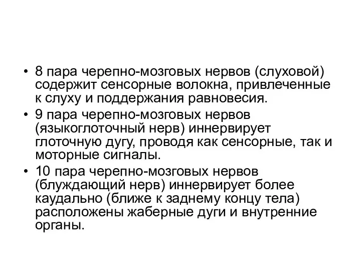 8 пара черепно-мозговых нервов (слуховой) содержит сенсорные волокна, привлеченные к