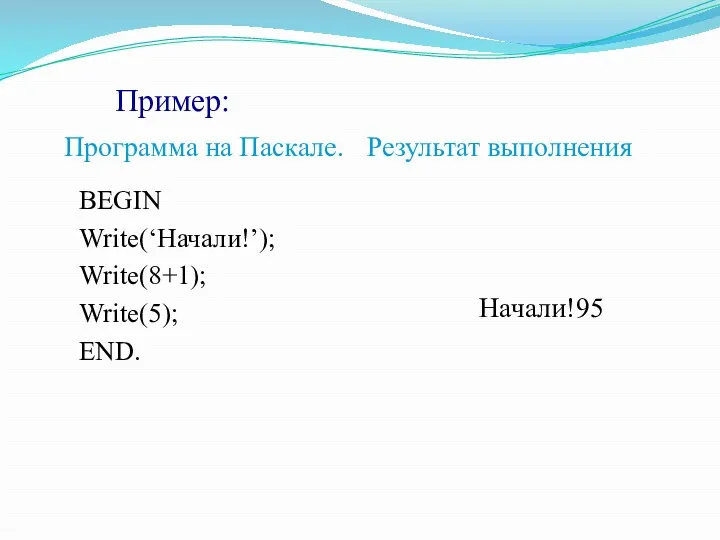 Пример: Программа на Паскале. Результат выполнения BEGIN Write(‘Начали!’); Write(8+1); Write(5); END. Начали!95