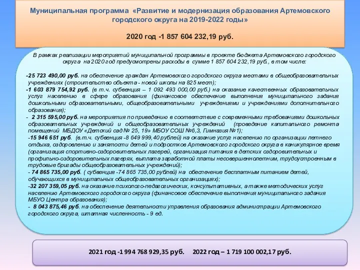 Муниципальная программа «Развитие и модернизация образования Артемовского городского округа на