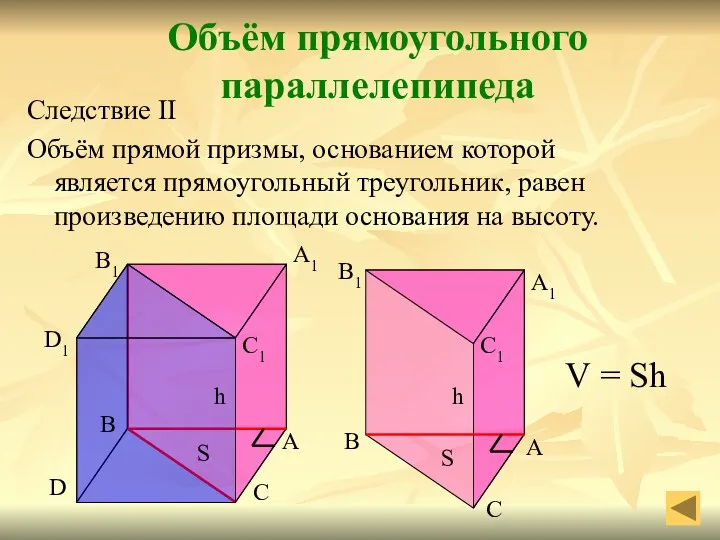 Следствие II Объём прямой призмы, основанием которой является прямоугольный треугольник,