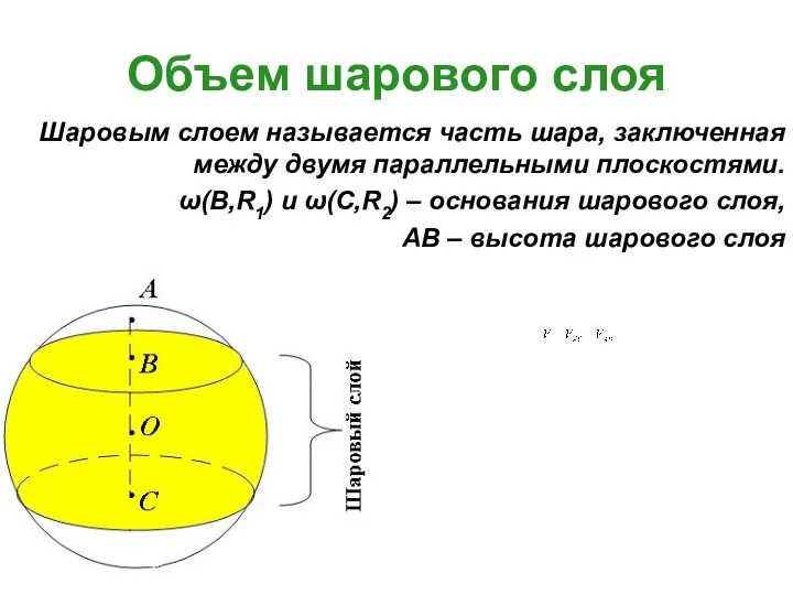 Объем шарового слоя Шаровым слоем называется часть шара, заключенная между