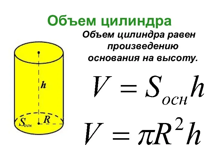 Объем цилиндра Объем цилиндра равен произведению основания на высоту.