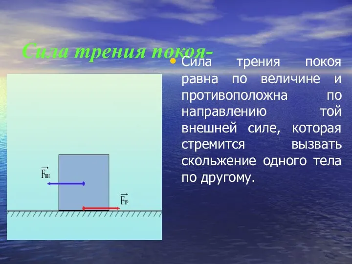 Сила трения покоя- Сила трения покоя равна по величине и