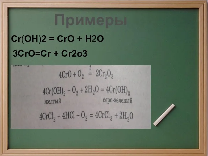 Cr(OH)2 = CrO + H2O 3CrO=Cr + Cr2o3 Примеры