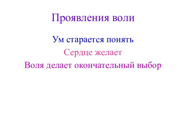 Проявления воли Ум старается понять Сердце желает Воля делает окончательный выбор