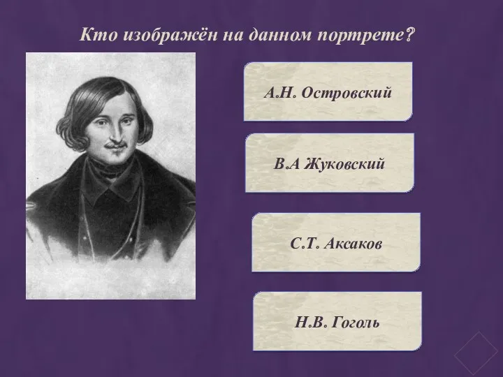 Кто изображён на данном портрете? А.Н. Островский В.А Жуковский С.Т. Аксаков Н.В. Гоголь