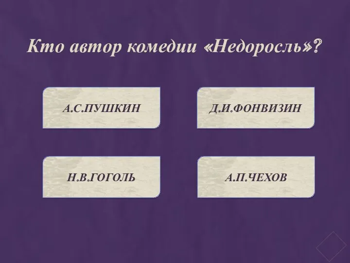 Кто автор комедии «Недоросль»? А.С.ПУШКИН Д.И.ФОНВИЗИН Н.В.ГОГОЛЬ А.П.ЧЕХОВ