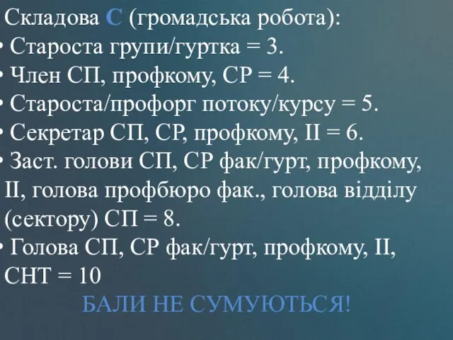 Складова С (громадська робота): Староста групи/гуртка = 3. Член СП,