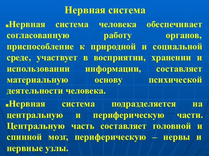 Нервная система Нервная система человека обеспечивает согласованную работу органов, приспособление