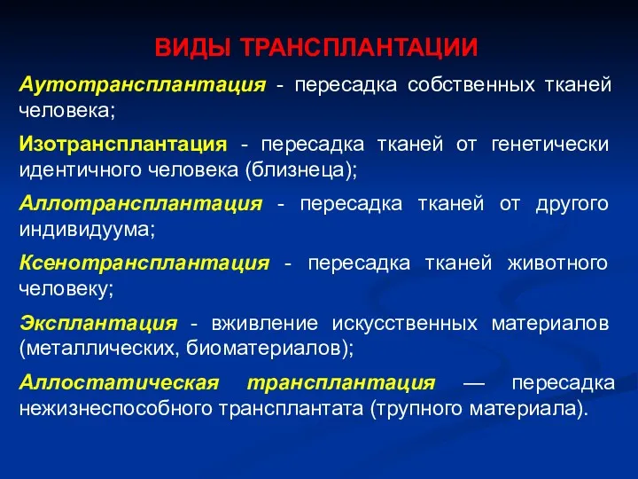 ВИДЫ ТРАНСПЛАНТАЦИИ Аутотрансплантация - пересадка собственных тканей человека; Изотрансплантация -