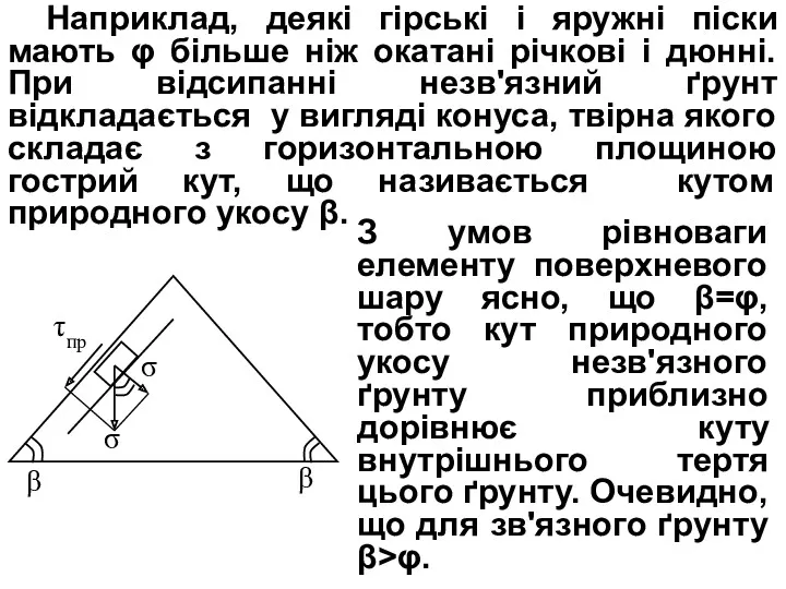 Наприклад, деякі гірські і яружні піски мають φ більше ніж