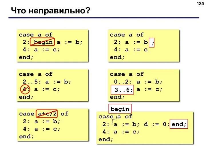 Что неправильно? case a of 2: begin a := b;