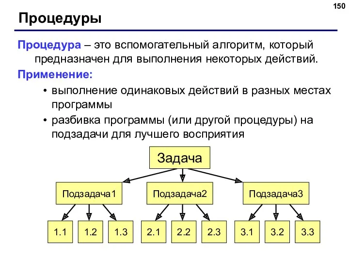 Процедуры Процедура – это вспомогательный алгоритм, который предназначен для выполнения