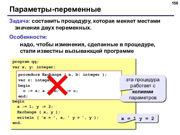 Параметры-переменные Задача: составить процедуру, которая меняет местами значения двух переменных.