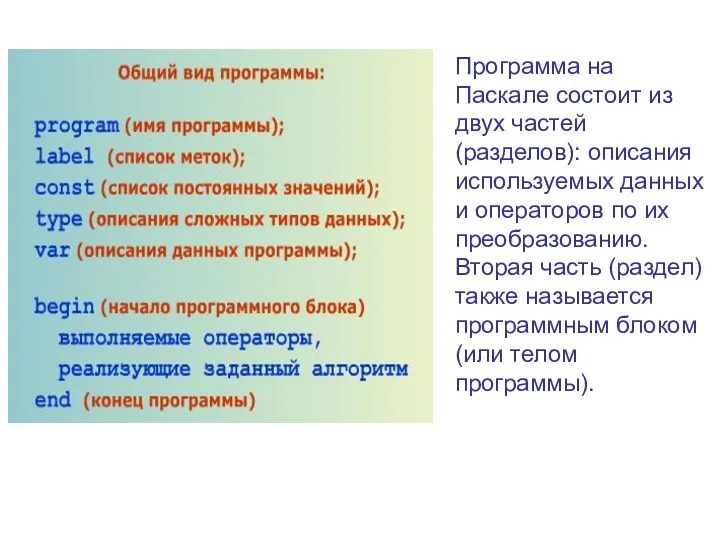 Программа на Паскале состоит из двух частей (разделов): описания используемых