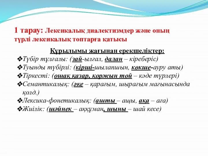 1 тарау: Лексикалық диалектизмдер және оның түрлі лексикалық топтарға қатысы