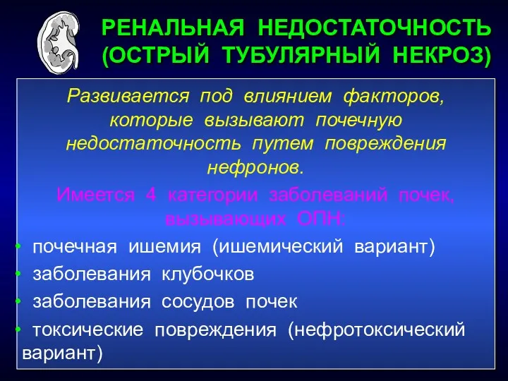 Развивается под влиянием факторов, которые вызывают почечную недостаточность путем повреждения нефронов. Имеется 4