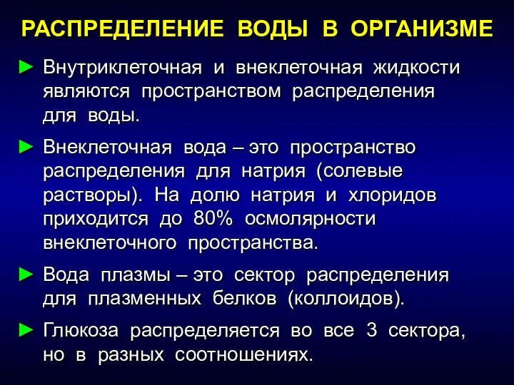 Внутриклеточная и внеклеточная жидкости являются пространством распределения для воды. Внеклеточная