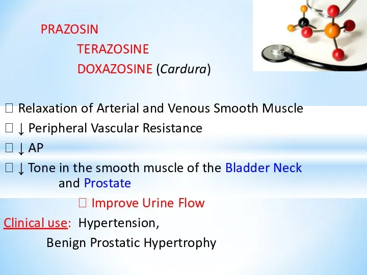 PRAZOSIN TERAZOSINE DOXAZOSINE (Cardura) ⮞ Relaxation of Arterial and Venous